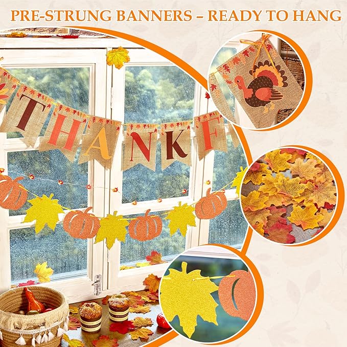 Fall Party Decorations, with Pre-Strung Thankful Burlap Banner and 100 Pcs Maple Leaf Confetti for Autumn Thanksgiving Home Decorations
