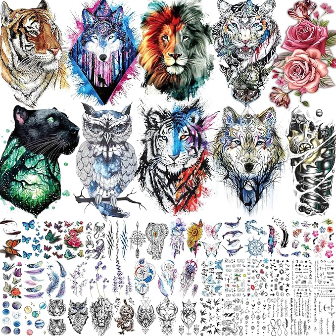 56 Sheets Watercolor Owl Tiger Lion Temporary Tattoos For Women Men Body Art Arm Thigh, 3D Long Lasting Realistic Fake Tattoo Sleeve Stickers For Adults, Wolf Fox Leopard Bulk Temp Tatoos Kids