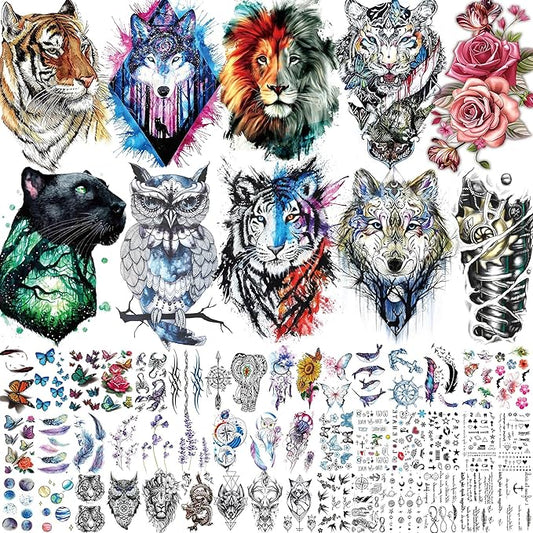 56 Sheets Watercolor Owl Tiger Lion Temporary Tattoos For Women Men Body Art Arm Thigh, 3D Long Lasting Realistic Fake Tattoo Sleeve Stickers For Adults, Wolf Fox Leopard Bulk Temp Tatoos Kids