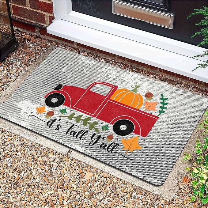 Fall Door Mat Outdoor for Front Door, Fall Decorations for Home Welcome Doormat Non-Slip Washable Autumn Pumpkins with Truck Doormat Entrance Rug for Indoor Outdoor, 24"x16"inch