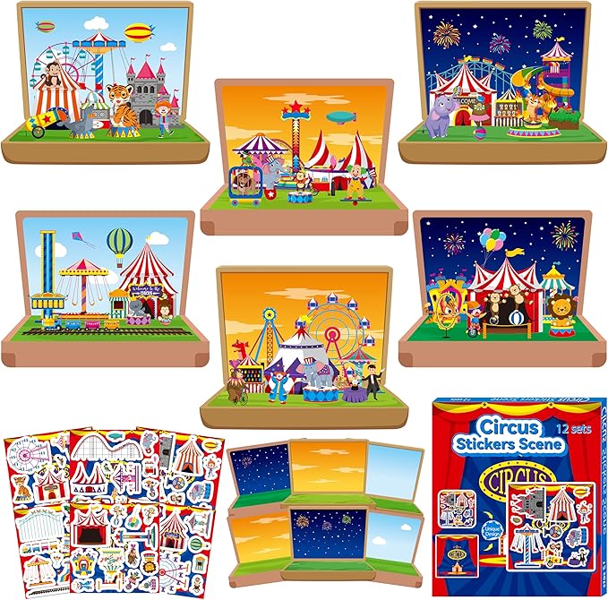 CY2SIDE Carnival Sticker Scene Kits- 12PCS Holiday Circus Theme Scene Art Craft for Kids Make Your Own Circus Sticker with Elephant Clowns DIY Carnival Party Games Class Fun Activities