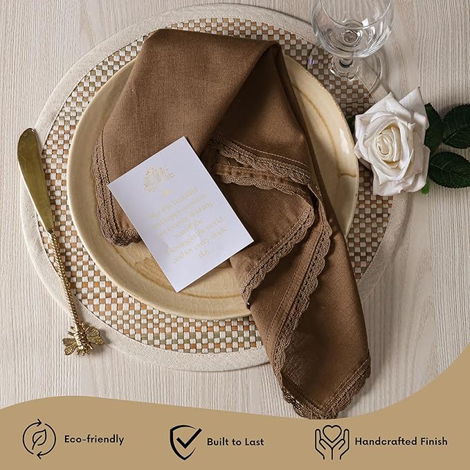 Ramanta Home Linen Flax Cloth Napkins Set of 4 |18x18 Inch | Premium Cotton Linen Flax Lace Soft & Durable | Washable Ideal for Everyday Use Parties Thanksgiving Christmas Halloween Brown