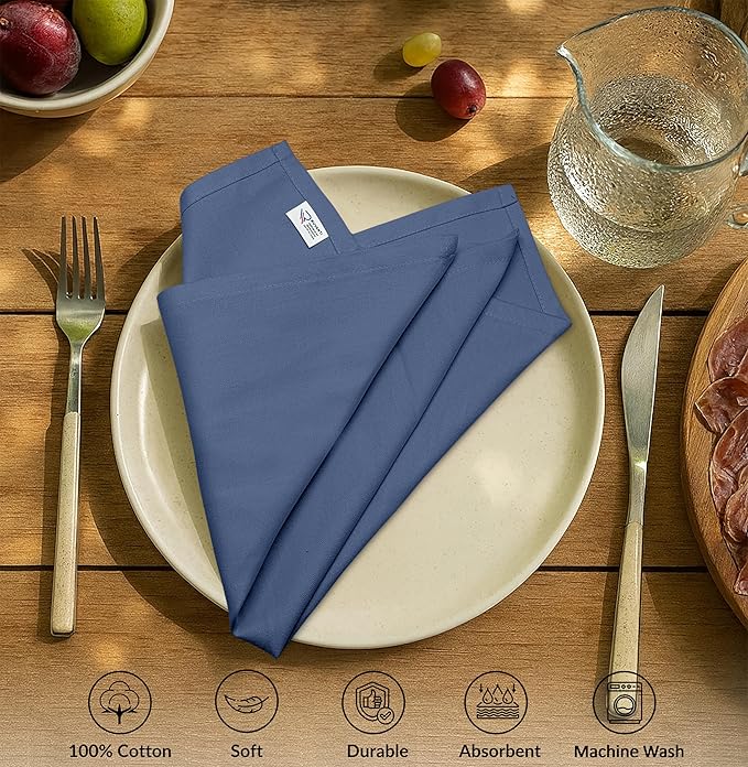 Ruvanti Premium Cloth Napkins Set of 12, 18x18 Inches, 100% Cotton, Washable, Soft & Absorbent, Perfect for Wedding, Christmas, ‎Thanksgiving Dinners - Bijou Blue