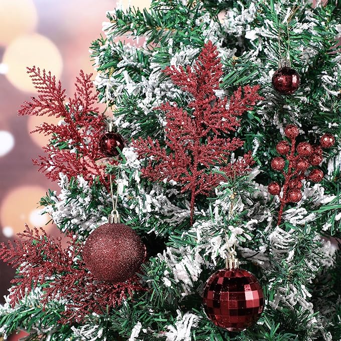 Sratte 94 Pcs Christmas Tree Decorations Set, Christmas Tree Ball Ornaments Glitter Poinsettia Flowers Decorations Glitter Berries Stems for Xmas Holiday Wedding(Burgundy)