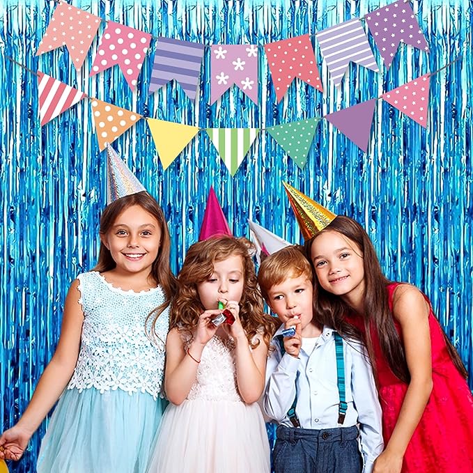 3 Pack Lake Blue Foil Fringe Curtains Backdrop, 3.28 x 8.2 Ft Metallic Streamers Tinsel Curtains Background for Photo Booth, Birthday, Halloween, Christmas, Thanksgiving, New Year Party Decorations