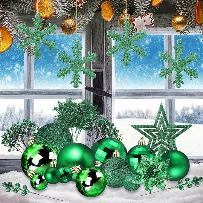 Sratte 94 Pcs Christmas Tree Decorations Set, Christmas Tree Ball Ornaments Glitter Poinsettia Flowers Decorations Glitter Berries Stems for Xmas Holiday Wedding(Green)
