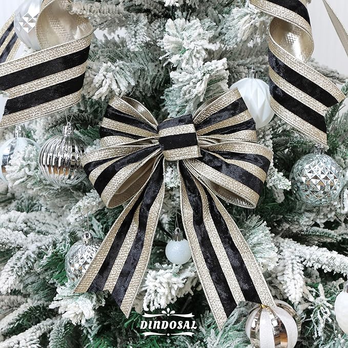 Black Velvet Wired Ribbon with Champagne Glitter Stripe 2.5 Inch Crushed Velvet Christmas Ribbon, 10 Yards for Gift Wrapping, Crafts, Christmas Tree Decorations, Wreath Supplies, Garlands