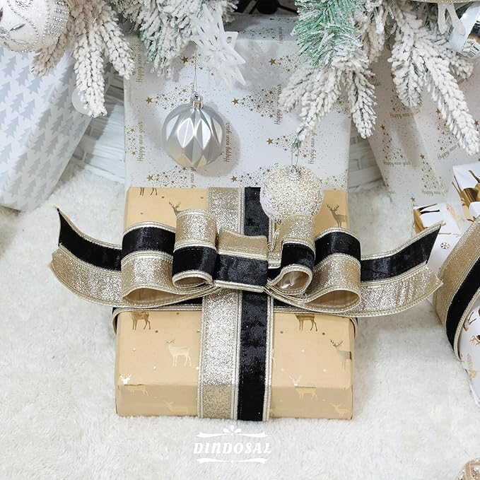 Black Velvet Wired Christmas Ribbon 2.5 Inch Black and Gold Glitter Holiday Ribbon – 10-Yards Roll for Tree Decorations, Gift Wrapping, Wreaths, and DIY Crafts