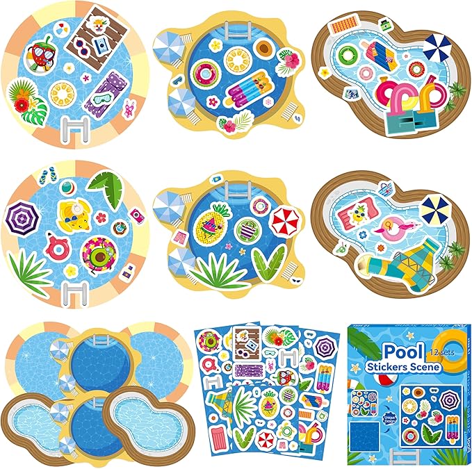 CY2SIDE Summer Pool Sticker Scene - 12 Set Make A Pool Scene Art Craft with Swimming Ring for Kids Make Your Own Swimming Sticker Art Craft DIY Summer Party Games Classroom Fun Activities