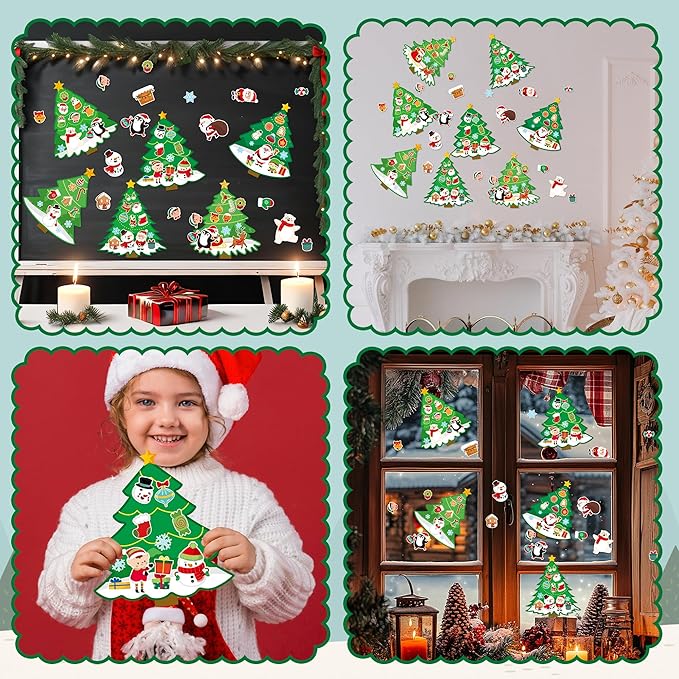 CY2SIDE 12PCS Christmas Tree Scene Art Craft, Make Your Own Xmas Scene, DIY Creative Santa Claus Sticker for Kids Classroom Activities, Christmas Theme Games Party Favors