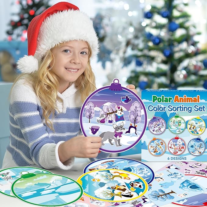 CY2SIDE Polar Animal Stickers Scene - 12 Set Winter Animal Color Sorting Sticker Art Craft for Kids Make A Crystal Ball Scene with Polar Animals DIY Crafts for Kids Holiday Class Party