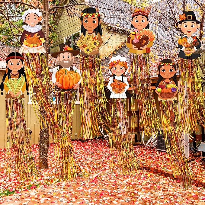 8 Pcs Fall Thanksgiving Pilgrim Outdoor Hanging Decorations with Tassels Autumn Pilgrim Harvest Yard Signs for Farmhouse Festival 3.3 ft Home Lawn Yard Party Supplies Garden Decor