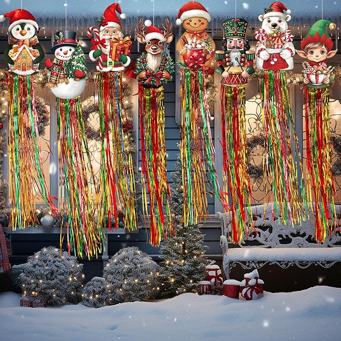 8pcs Christmas Windsocks Outdoor Hanging Decorations with Tassels Classic Christmas Yard Decorantion for Outside 3.3ft Xmas Signs for Wall Tree Home Lawn Yard Party Supplies Garden Decor