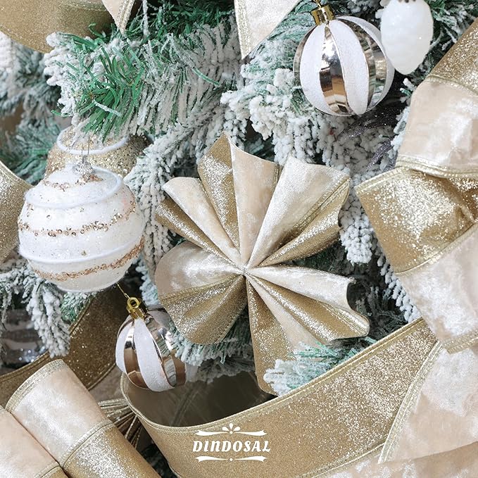 Champagne Velvet and Glitter Wired Christmas Ribbon 4 Inch – 10-Yards Roll for Tree Decorations, Gift Wrapping, Wreaths, and DIY Crafts