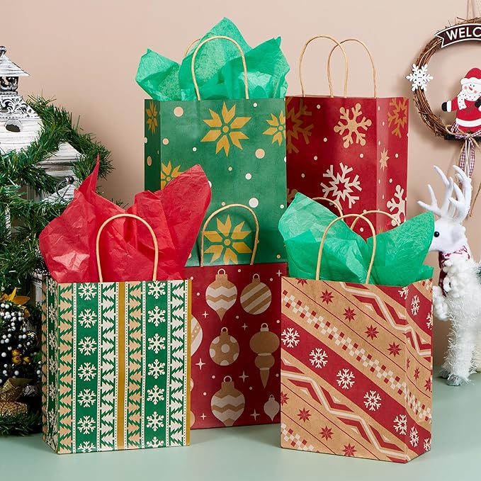 JOYIN 24 PCS Christmas Kraft Bags Holiday Paper Goody Gift Bags with Handles for Xmas Gifts Wrapping Party, Giant Gifts Decorations, Classrooms and Party Favors (Red+Green, 9" x 7.3" x 3.3")