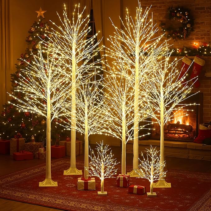 Baquler 8 Pack Lighted Birch Tree - Large Christmas Warm-White LED 8 Mode Light Birch Tree Decoration Set for Thanksgiving Holiday Fall Winter Party Decor, Indoor & Outdoor (2 4 6 8 ft)
