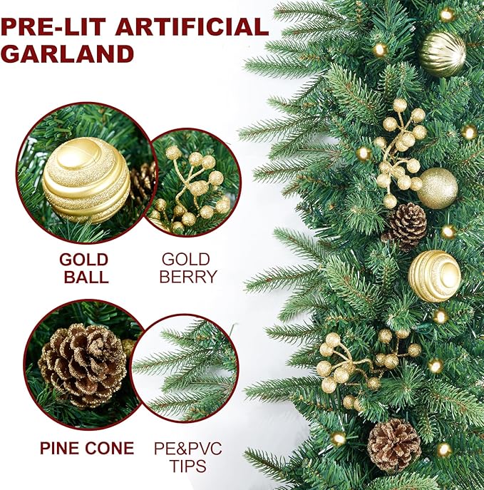 Christmas Garland 9FT Pre-Lit Artificial with 50 White Light, Pulg in, Green Decorated with Pine Cones, Glitter Powder Gold Ball, Fireplace Stairs Mantle Door Indoor Outdoor