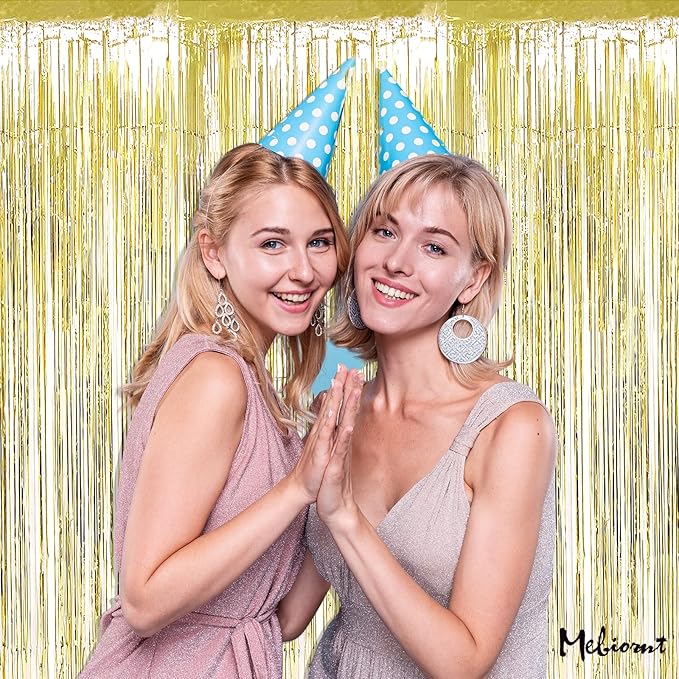 4 Pack Light Gold Fringe Curtain Backdrop, 3.2Ft x 9.8Ft Metallic Tinsel Foil Fringe Streamers Background for Photo Booth Birthday Wedding Baby Shower Carnival Easter Mother’s Day Party Decorations