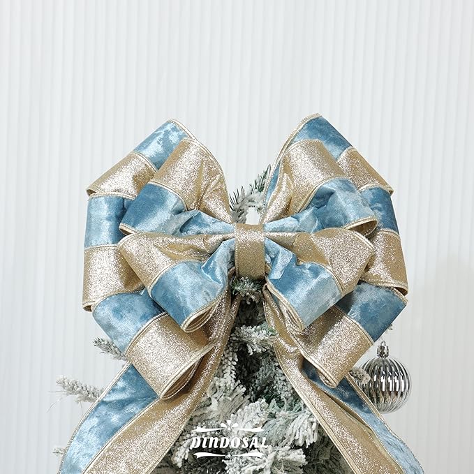Dusty Blue Velvet Wired Christmas Ribbon 4 Inch Extra Wide Thick Blue and Gold Glitter Holiday Ribbon – 10-Yards Roll for Tree Decorations, Gift Wrapping, Wreaths, and DIY Crafts