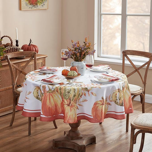 Home Bargains Plus Thanksgiving Contemporary Orange Pumpkin Tablecloth, 70 Inch Round, Fall Harvest Easy Care Fabric Table Cover