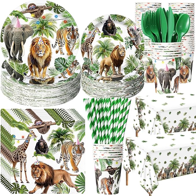 452 Pcs Wild Animals Birthday Party Decorations for 50, Jungle Themed Paper Plates Napkins Cups Tablecloth Cutlery Straws Safari Zoo Tableware Set for Baby Shower Gender Reveal Party Supplies