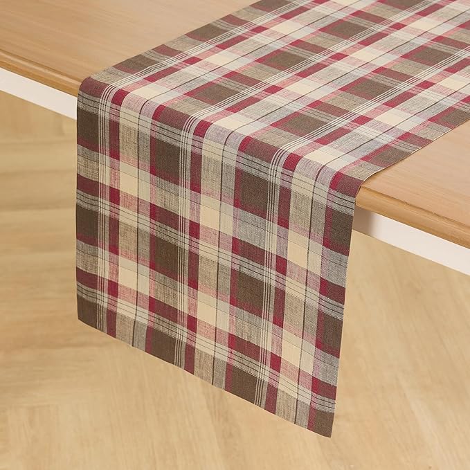 Solino Home Fall Table Runner 108 Inches Long - 100% Pure Linen Rustic Multicolor Tartan Plaid Table Runner 14 x 108 Inch for Dining, Autumn, Thanksgiving