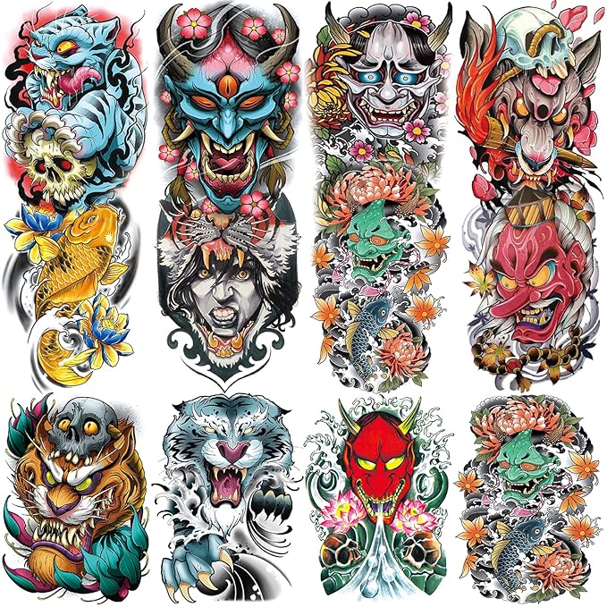 Ghost Joker Temporary Tattoo Sleeves for Kid Women, 4-Sheet Full Arm Colorful Japanese Drama Fake Sleeve Tattoo Sticker and 4-Sheet Realistic Large Half Temp Tatoo Boy Girl Party Favors Leg Body Art