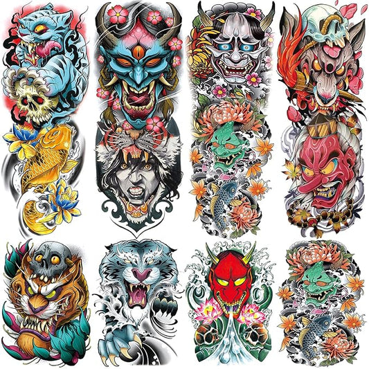 Ghost Joker Temporary Tattoo Sleeves for Kid Women, 4-Sheet Full Arm Colorful Japanese Drama Fake Sleeve Tattoo Sticker and 4-Sheet Realistic Large Half Temp Tatoo Boy Girl Party Favors Leg Body Art