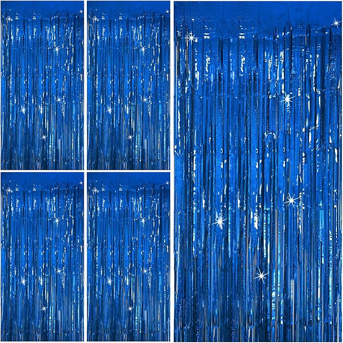 Tinsel Curtain Party Backdrop Blue Birthday Decorations 5 Packs Glitter Foil Fringe Curtain Party Decor Streamers Photo Booth for Birthday Christmas Wedding Halloween Graduation Decorations