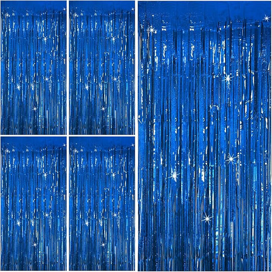 Tinsel Curtain Party Backdrop Blue Birthday Decorations 5 Packs Glitter Foil Fringe Curtain Party Decor Streamers Photo Booth for Birthday Christmas Wedding Halloween Graduation Decorations