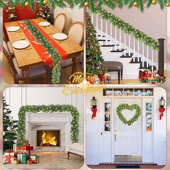 6FT Christmas Cedar Garland with Light, Lighted Real Touch Cedar Garland, Artificial Greenery Garlands for Table Fireplace Wall Stairs Door Xmas Decor