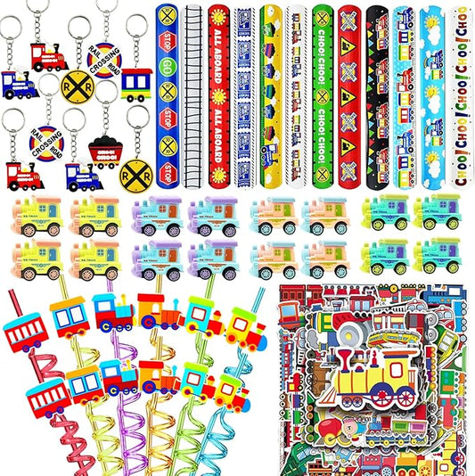 Train Party Favors 122PCS Slap Bracelets DIY Stickers Drinking Straw Keychains Pull-back Vehicle for People Car Theme Birthday Party Car Theme Birthday Party