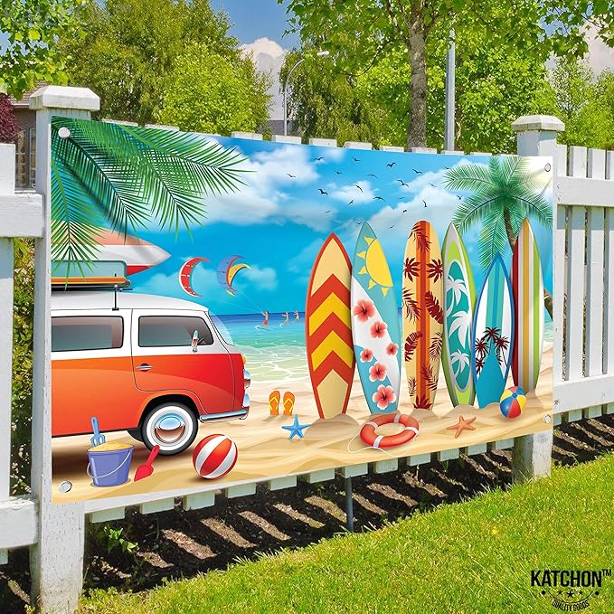 KatchOn, Xtralarge Beach Backdrop for Photography - 72x44 Inch | Aloha Blue Sky Ocean Palm Tree with Surfboard Background | Surfboard Backdrop, Surf Board Decoration | Surf Decorations For Party