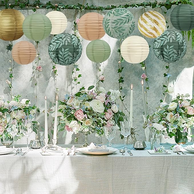 Sage Green Back to School Hanging Paper Lanterns Decorative, 12PCS Sage Green and Gold Forest Birthday Party Decoration with Hooks and Ropes Bridal Shower Wedding Home Decor