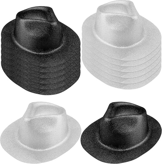 28 Pack Plastic Party Hats Bulk Glitter Party Hat Fedora Party Hat Gangster Hat for Adult Kids Costume Accessory