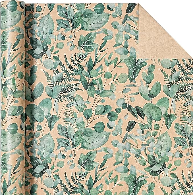 WRAPAHOLIC Kraft Eucalyptus Leaves Wrapping Paper Roll - Mini Roll - 17 Inch x 16.5 Feet - Greenery Wrapping Paper Perfect for Birthday, Wedding, Bridal Shower