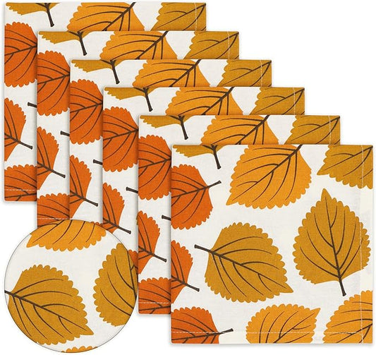 PurpleEssences Fall Harvest Decor Thanksgiving Napkins, 18x18 Cloth Napkins Set of 6, 100% Cotton Autumn Leaves Dinner Napkins for Farmhouse Kitchen, Amber