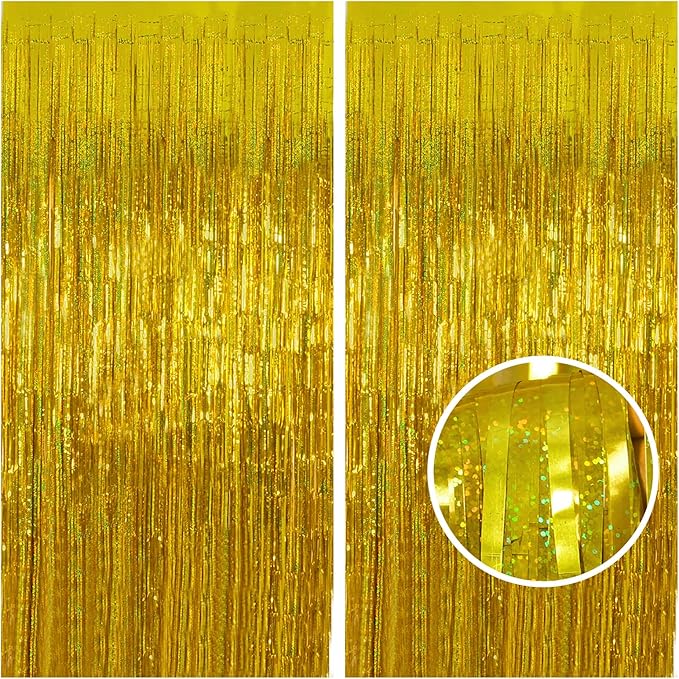 Melsan Gold Foil Curtain, 2 Pack 3.2 ft x 8.2 ft Tinsel Foil Fringe Curtains Backdrop, Sparkle Metallic Foil Fringe Curtains for New Year Party Birthday Decorations Photo Booth Props