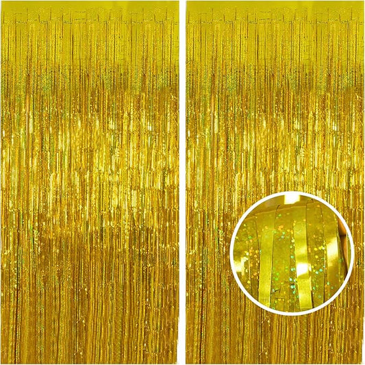 Melsan Gold Foil Curtain, 2 Pack 3.2 ft x 8.2 ft Tinsel Foil Fringe Curtains Backdrop, Sparkle Metallic Foil Fringe Curtains for New Year Party Birthday Decorations Photo Booth Props