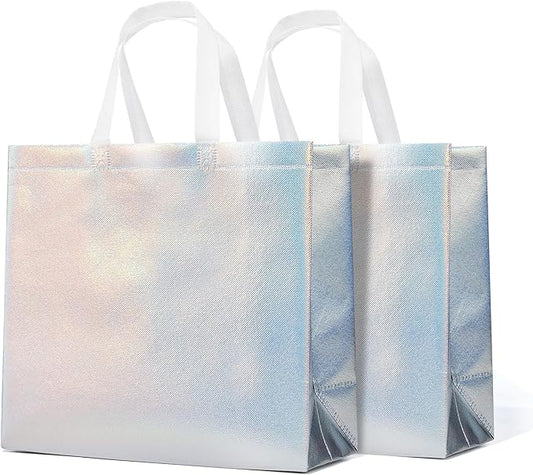RACETOP 15 Pcs Iridescent Glossy Gift Bags Large Size, 13x5x11 Inch Holographic Reusable Gift Bags with Handles & Sturdy Base, Ideal for Birthday, Wedding, Bachelorette, Party Favors, Holiday Goodie