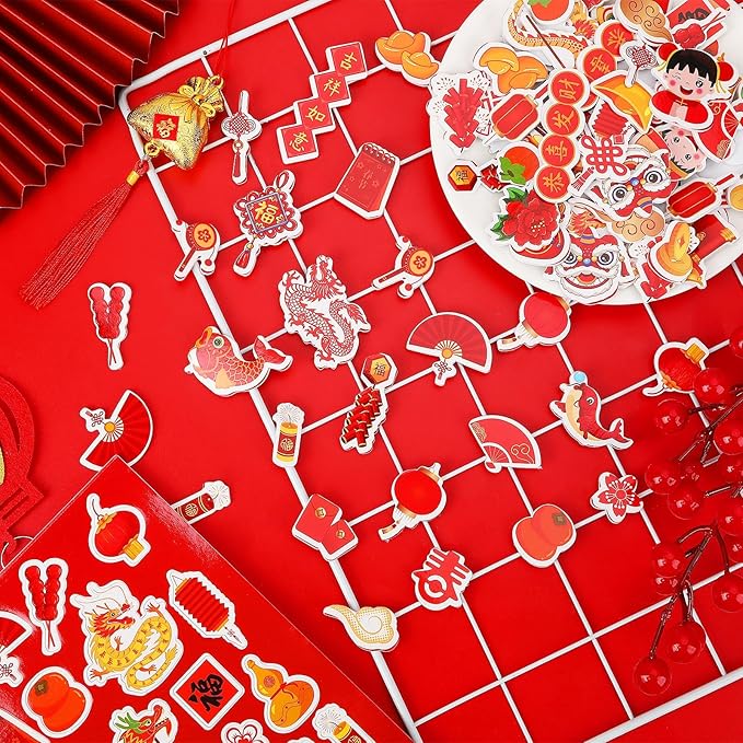 JULBEAR 300pcs Chinese New Year Foam Stickers 2026 Year Candy Sticker Chocolate Labels Sticker for Chinese New Year Spring Festival Decoration Party Favor Gift Card Supplies