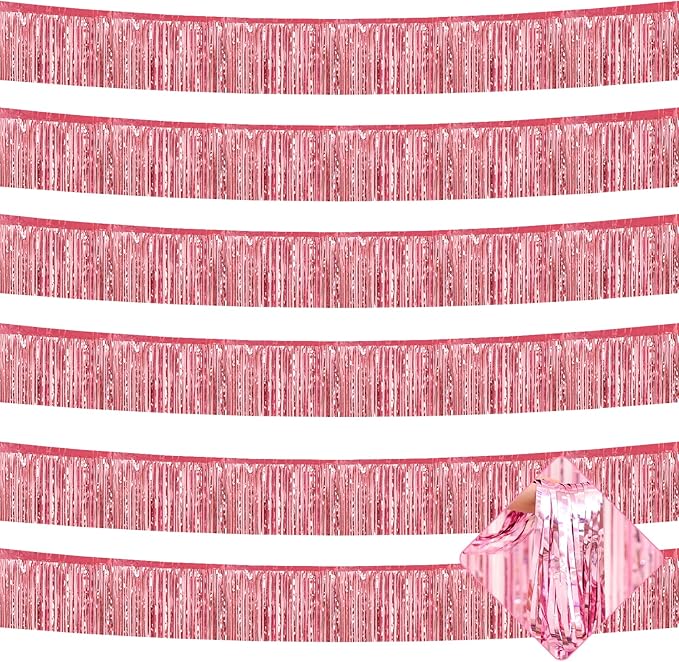 6 Pack 10 Feet Foil Fringe Garland Metallic Tinsel Streamers Banner Wall Hanging Curtain Backdrop for Parade Floats, Bachelorette, Wedding, Birthday, Halloween, Christmas Party Decorations(Pink)