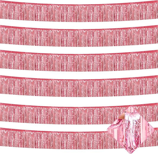 6 Pack 10 Feet Foil Fringe Garland Metallic Tinsel Streamers Banner Wall Hanging Curtain Backdrop for Parade Floats, Bachelorette, Wedding, Birthday, Halloween, Christmas Party Decorations(Pink)