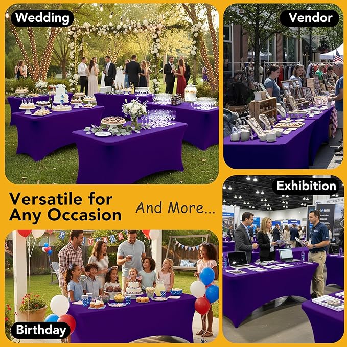 6-Pack Premium Purple Spandex Tablecloths for 4ft Rectangle Tables, Stain & Wrinkle-Resistant, Washable Stretch Polyester Fitted Table Cover for Weddings, Banquets, Trade Shows Events