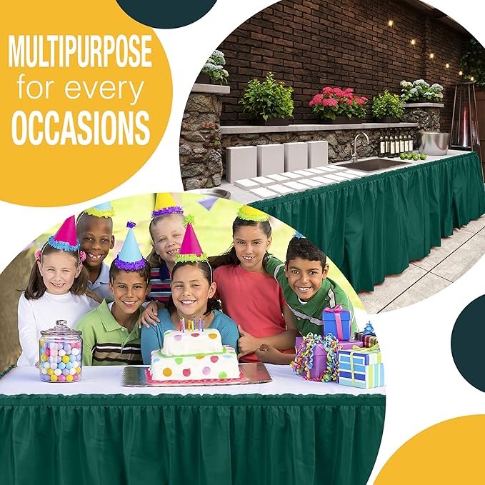 Exquisite Ruffle Table Skirt Dark Green 6 Pack 14 Ft Long Table Skirts for Rectangle Tables 6ft Plus or Round Tables Skirts with Adhesive Strip for Gender Reveal Decor & Happy Birthday Parties