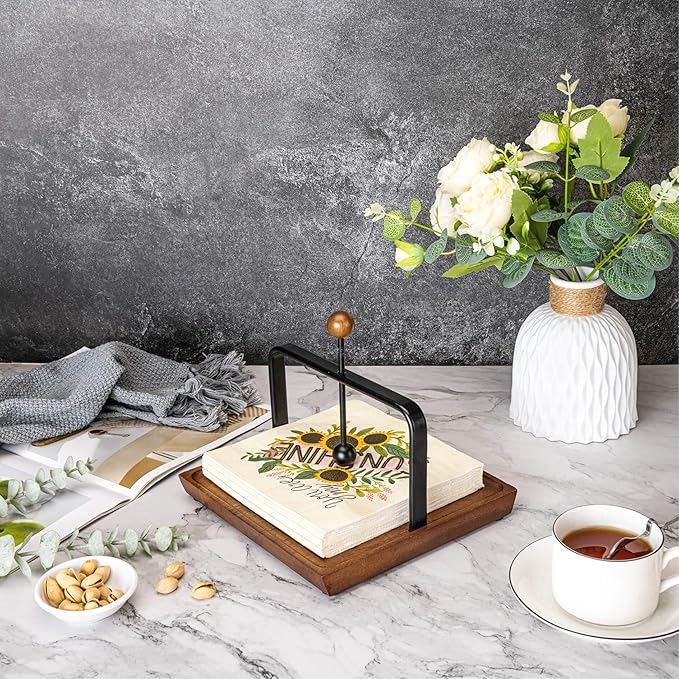 ALLCENER Wooden Napkin Holder for Table, Rustic Kitchen Decor for Counter, Cocktail Flat Napkin Holder with Weighted Arm and Handle for Kitchen, Hotel, Cafe, Bar