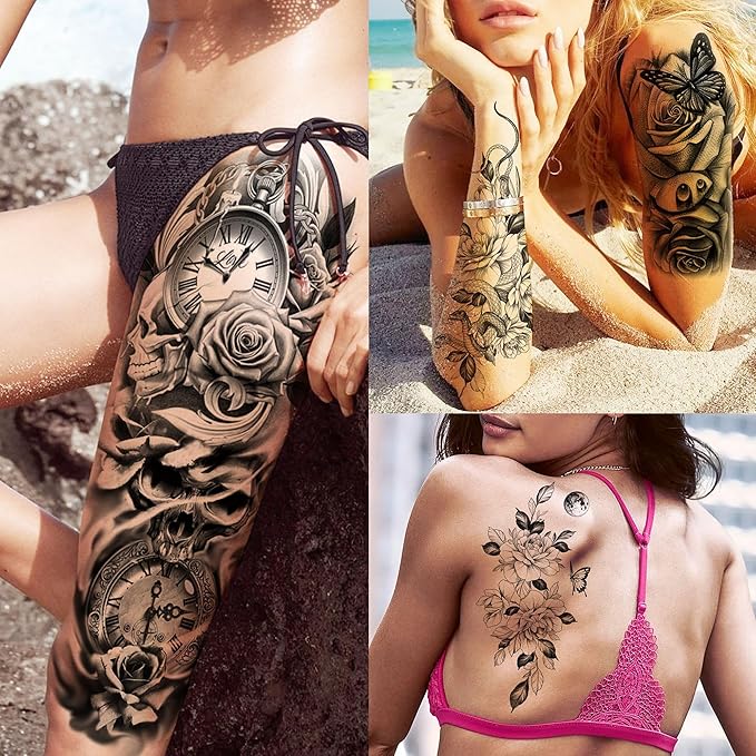 20 Sheets Sexy Rose Flower Full Arm Temporary Tattoos For Women Adults Thigh, Black Tribal Eye Gear Peony Florals Eye Compass Clock Fake Sleeve Tattoos For Women, 3D Halloween Tattoo Stickers
