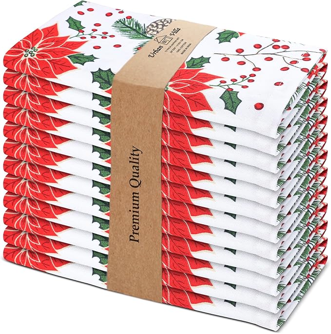 Urban Villa Christmas Dinner Napkins Set of 12 Pine Cone Print Cloth Napkins 100% Cotton Premium Quality 20x20 Inches Over Sized Cloth Napkins with Mitered Corners Durable Hotel Quality