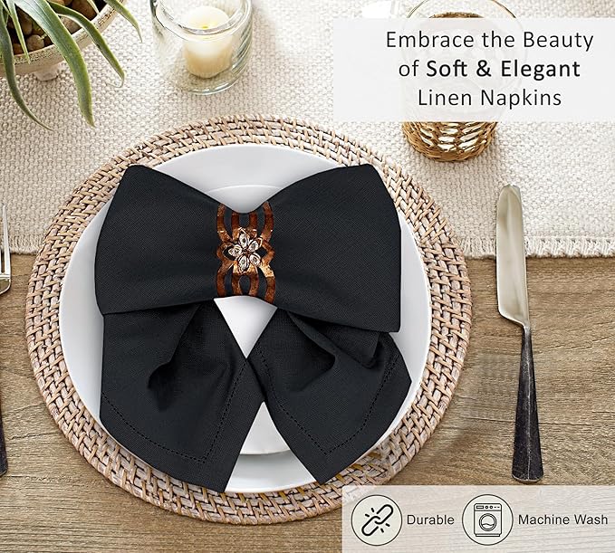 Ruvanti Premium Linen Napkins Set of 4-20x20 Inch, Classic Hemstitch, Mitered Corner Cloth Napkins‎‎ - Soft, Elegant Dinner Napkins Cloth Washable for Weddings, Parties, Everyday Use - Black