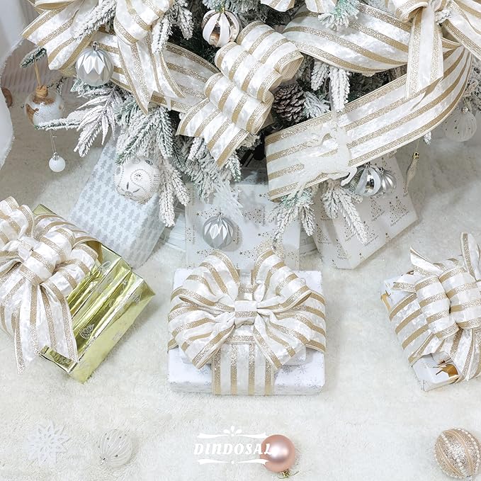 Ivory Velvet Wired Ribbon with Champagne Glitter Stripe 4 Inch Crushed Velvet Christmas Ribbon, 10 Yards for Gift Wrapping, Crafts, Christmas Tree Decorations, Wreath Supplies, Garlands